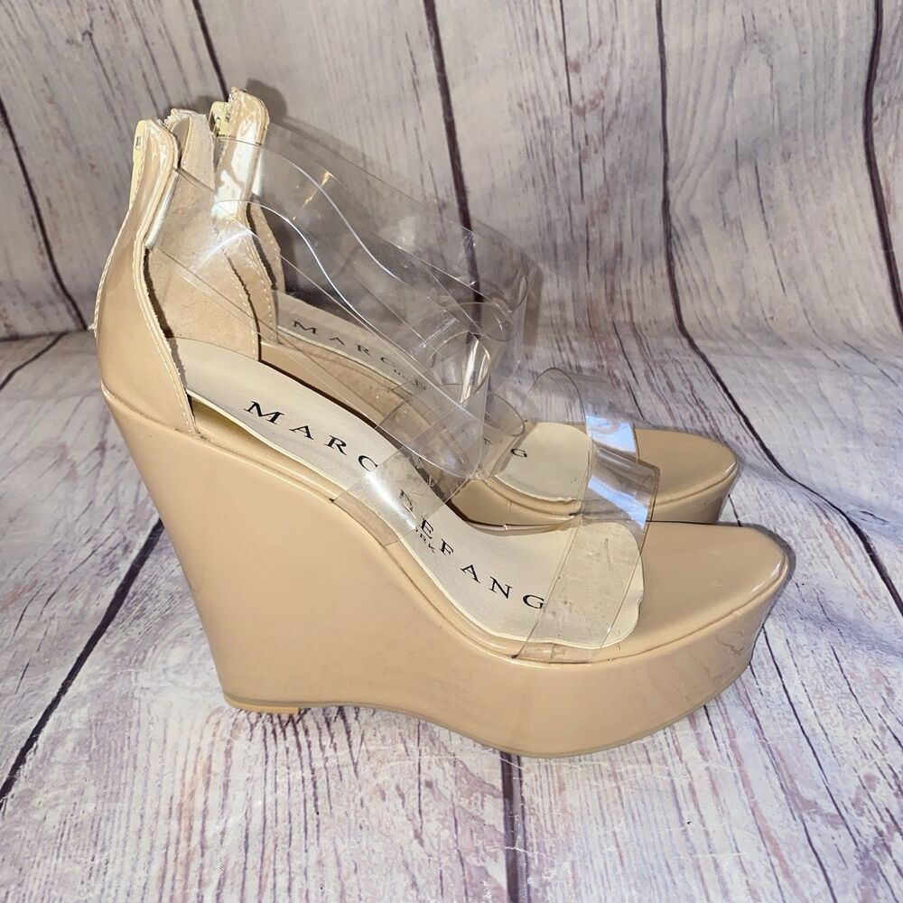Marc Defang Nude Platform Wedge Shoes Clear Vinyl Straps Pageant Sandals Sz 6